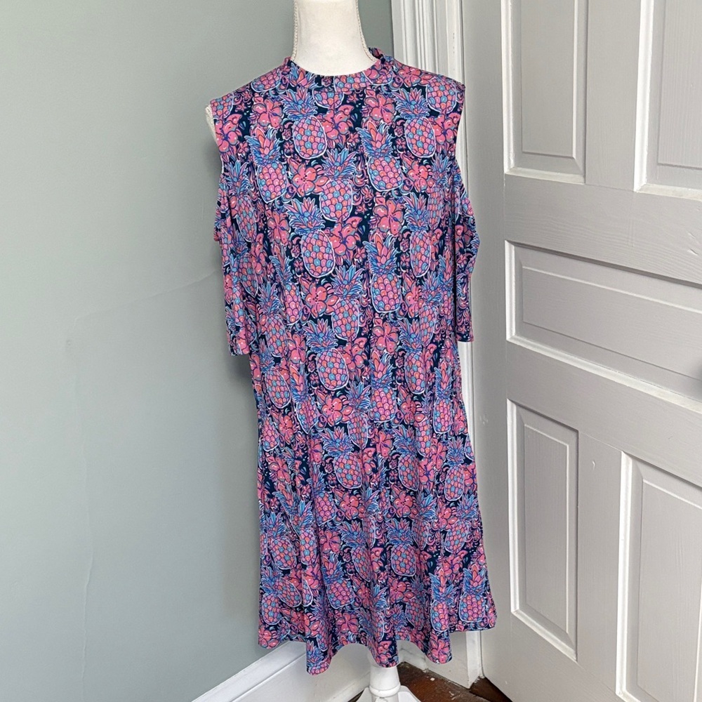 Simply‎ Southern Floral Pink Blue Cold Shoulder Knee Length Dress Large